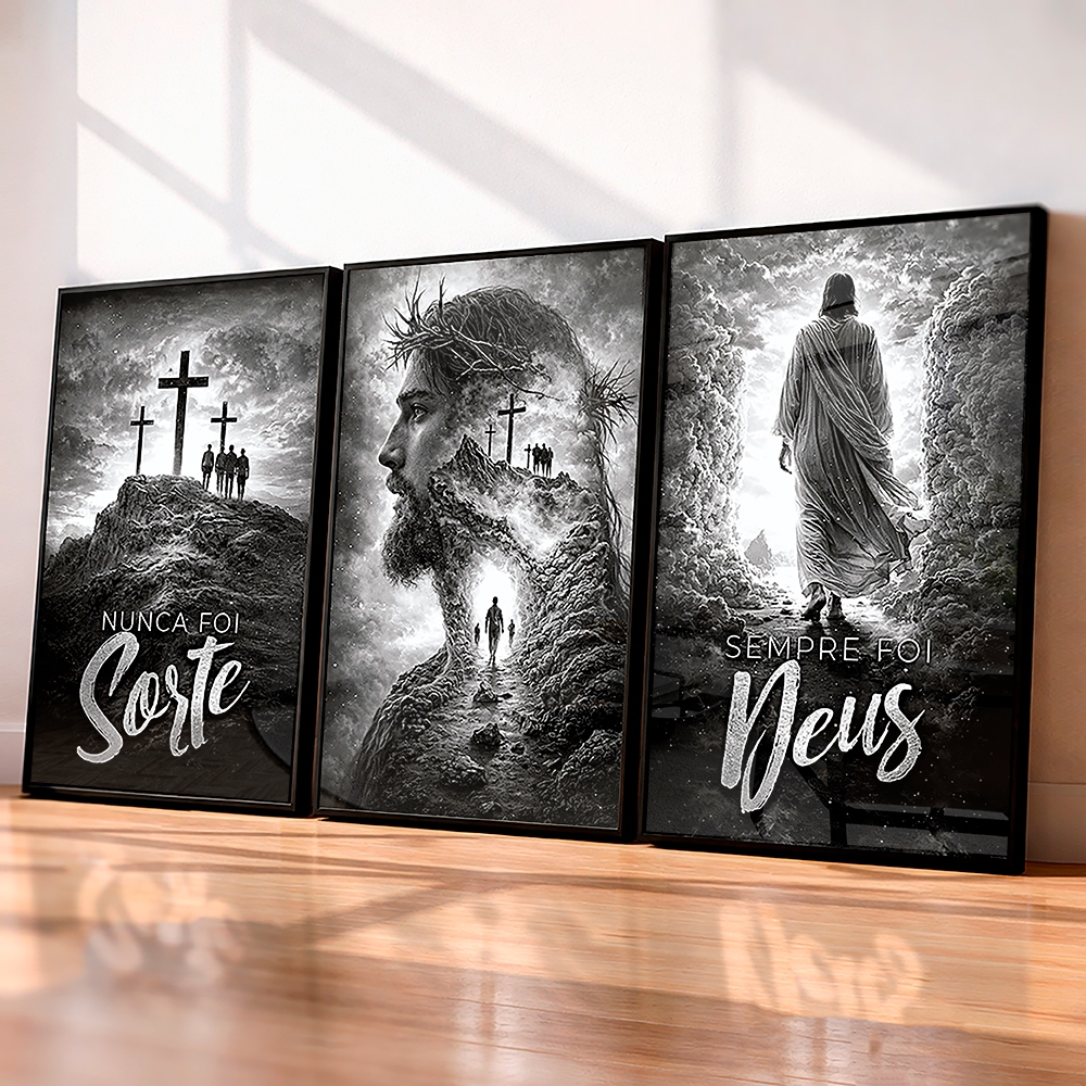 Kit 3 Quadros Decorativos Jesus Cristo Nunca Foi Sorte, Sempre Foi Deus Decoração Religiosa Sala