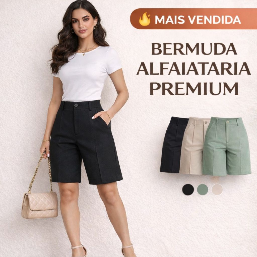 Bermuda Alfaiataria Feminina Cintura Alta Premium Social Elegante Com Bolso Blogueira Tendência 2026