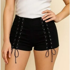 Short Feminino Bengaline Cintura Alta Curto justo com Detalhe na Frente de amarrar Moda Jovem Modelagem pequena
