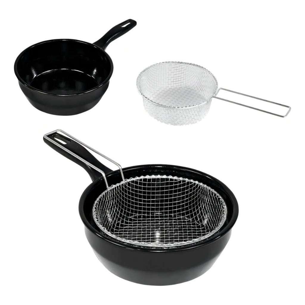 Frigideira Fritatudo 20cm Com Cesto Esmaltada 1,5L Fritadeira Óleo Antiaderente Preta