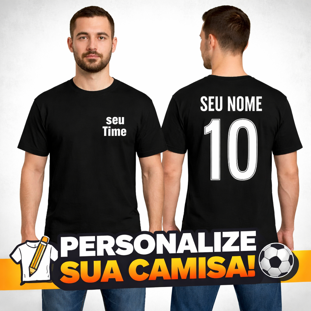 Camisa Camiseta Time Personalizada 100% Algodão Cores Preta e Branca