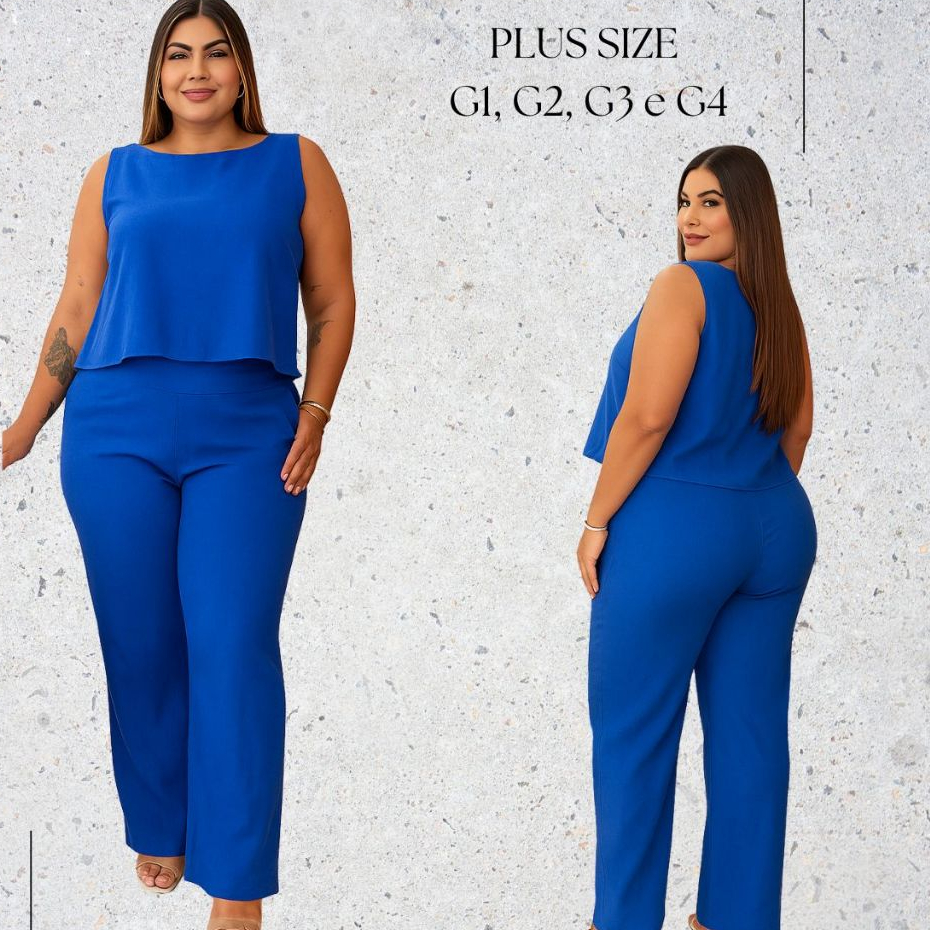 Conjunto Feminino Plus Size em Linho Blusa e Calça Elegante em Oferta na Shopee