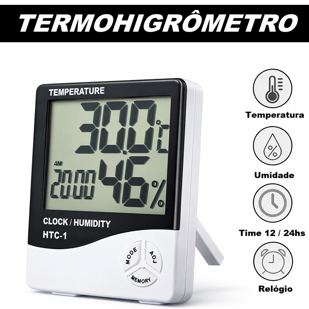 Termohigrometro Digital Com Máxima e Mínima Medidor De Temperatura e Umidade Com Relógio e Alarme em Oferta na Shopee