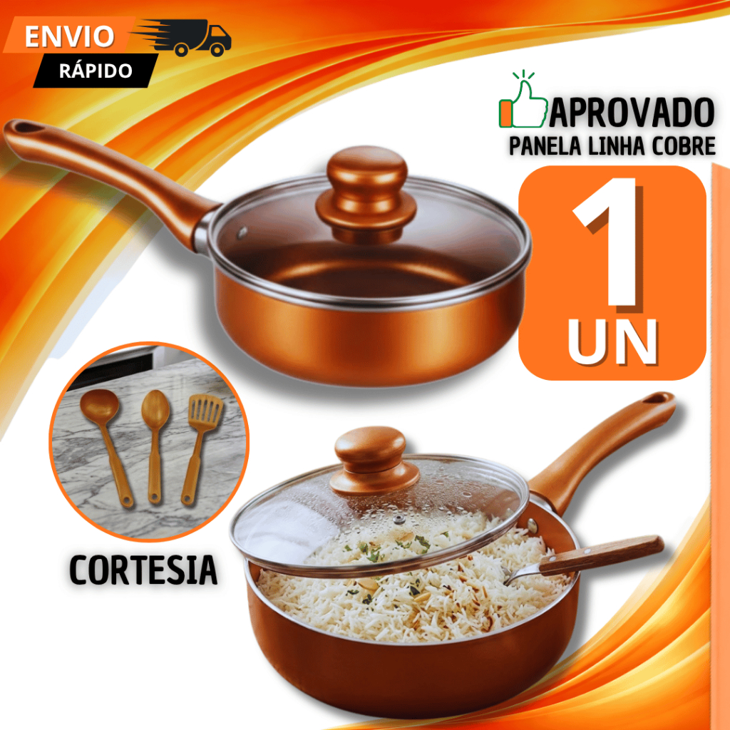 Panela Antiaderente Tampa de Vidro 16 Cm Estilo Cobre Panelas Não gruda Utilidades Premium