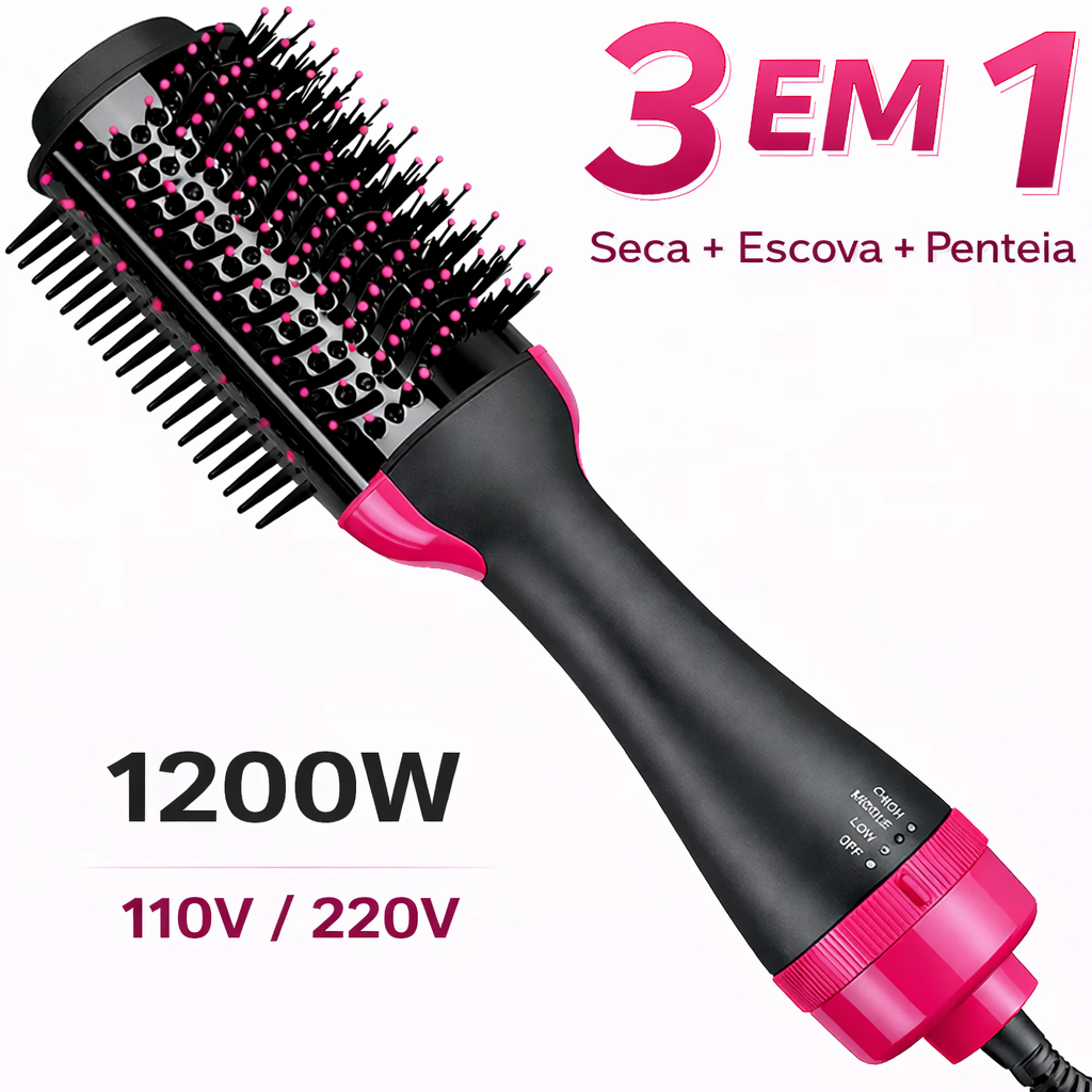Escova Secadora Alisador Elétrica 1200w 3 em 1 Alisa Seca Modela Volumiza Cabelo 110V/220V