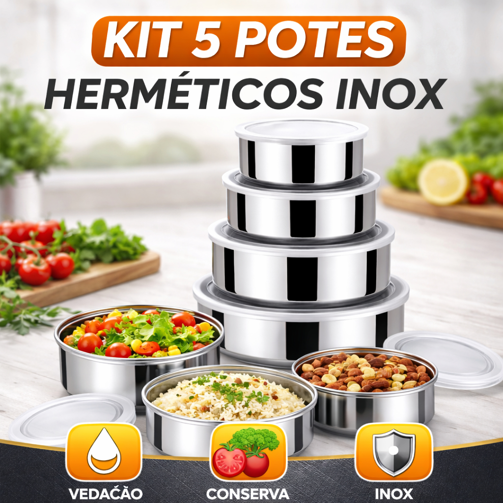 Kit 5 Potes Inox com Tampa Hermética Anti Vazamento Marmita Geladeira