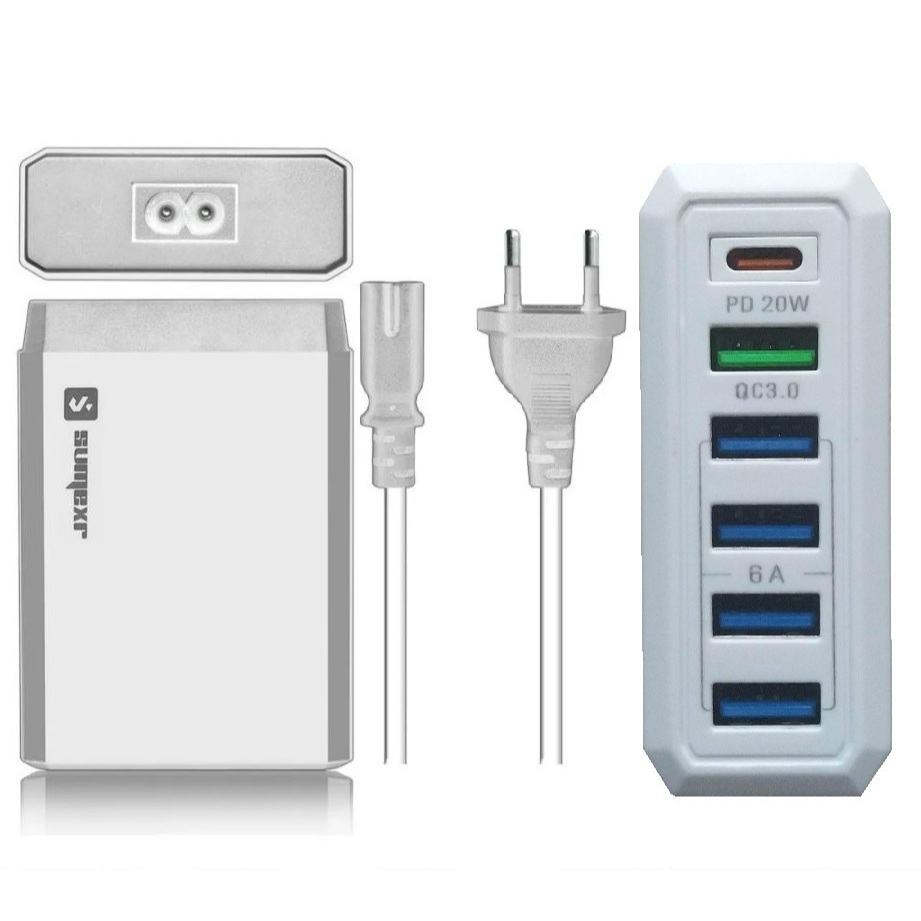 CARREGADOR DE CELULAR TURBO 38W 5 USB + 1 PD TIPO C  COMPATÍVEL COM IPHONE MOTOR