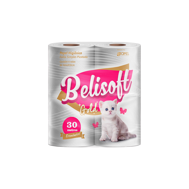 Belisoft Gold Papel Higiênico, Folha Simples, 8 Rolos, 30 Metros Cada