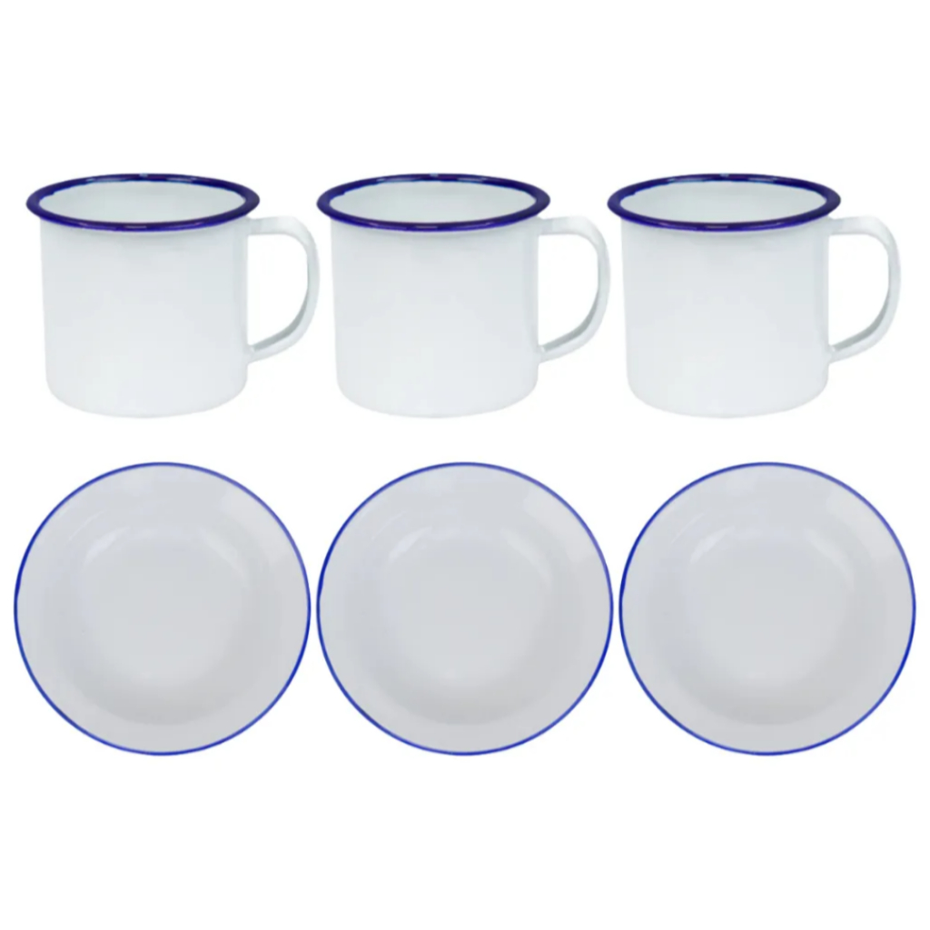 Kit 3 Pratos Fundos Esmaltados de Ágata 22cm mais 3 Canecas Esmaltadas Ágata 350ml