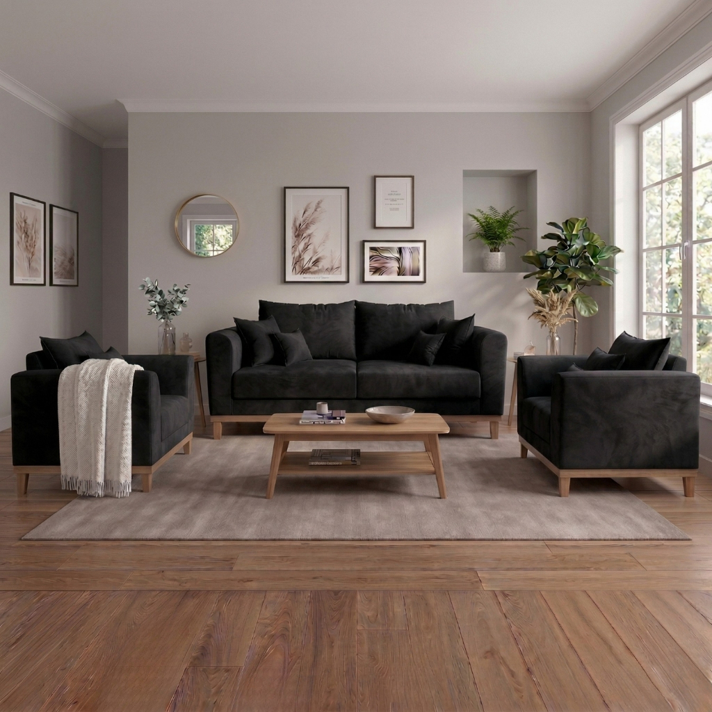 Kit Sofá 3 Lugares e Poltronas Sala de Estar Beny Suede Preto Madeira Estofados