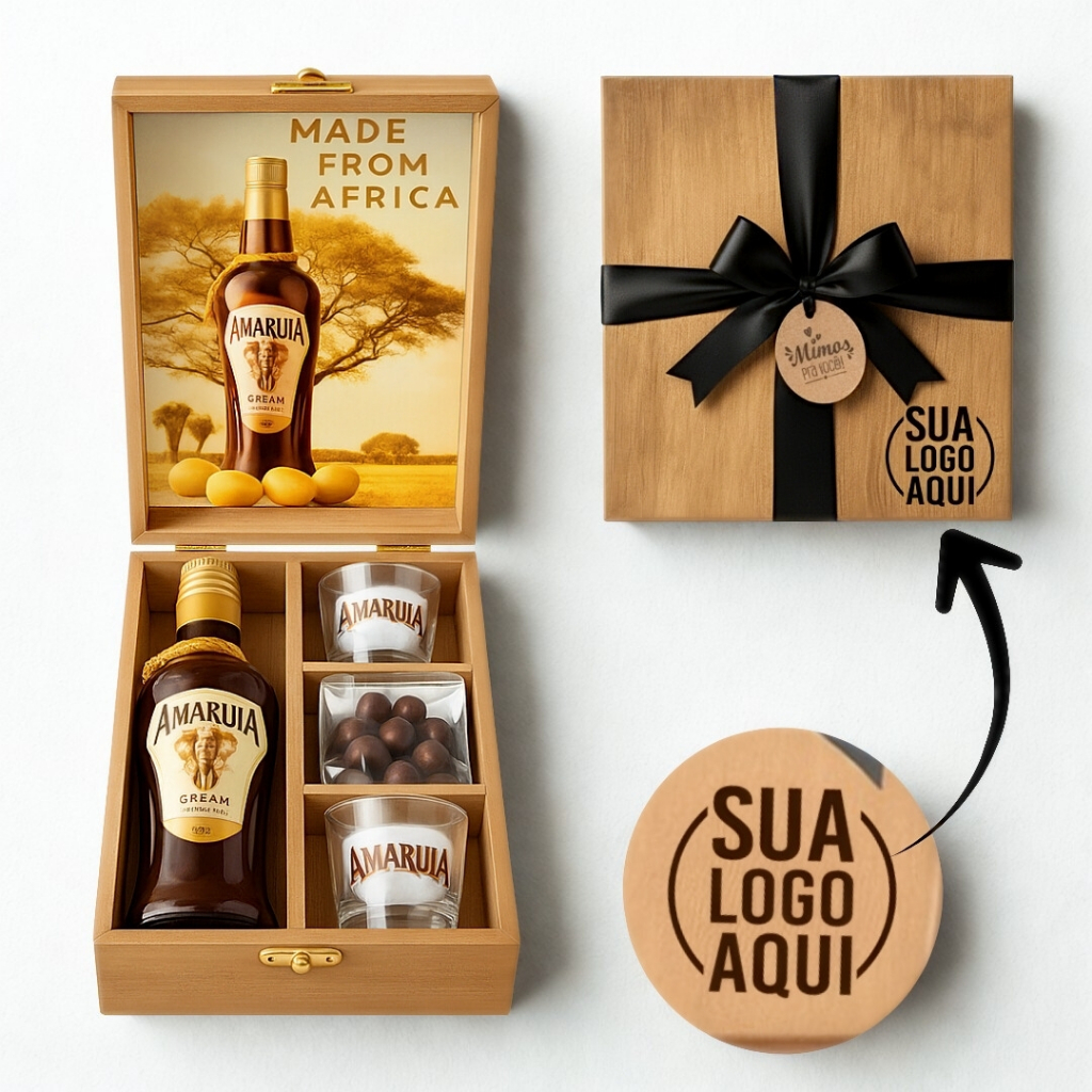 Cesta Kit Licor Amarula 375ml Maleta Madeira. Presente Aniversário Brinde - PERSONALIZE COM NOME OU LOGO! em Oferta na Shopee
