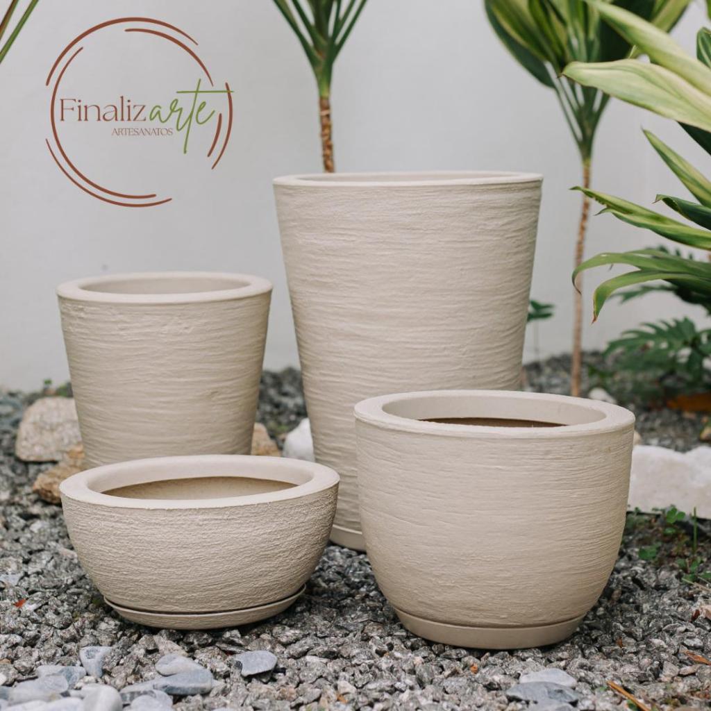 Kit 4 Vasos Texturizados Planta Flor Polietileno Coluna Redonda N1 N2+ Bojo N1+Bacia N1 com Prato