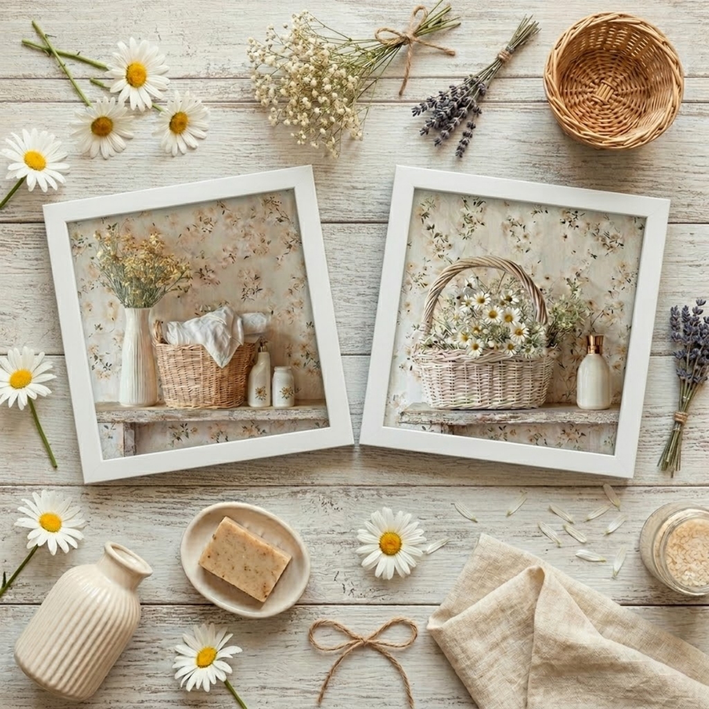 Kit 2 quadros 18x18 cm, banheiro, lavabo, flores, vasos, margarida, moldura e vidro em Oferta na Shopee