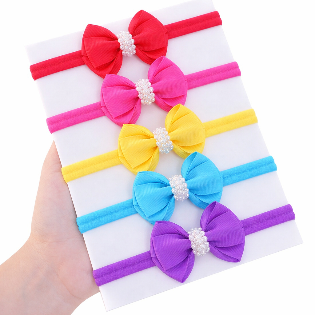 Kit 5 Tiaras Bebê Laço com Pérolas Faixa de Seda Infantil Cores Sortidas Luxo Recém-Nascida