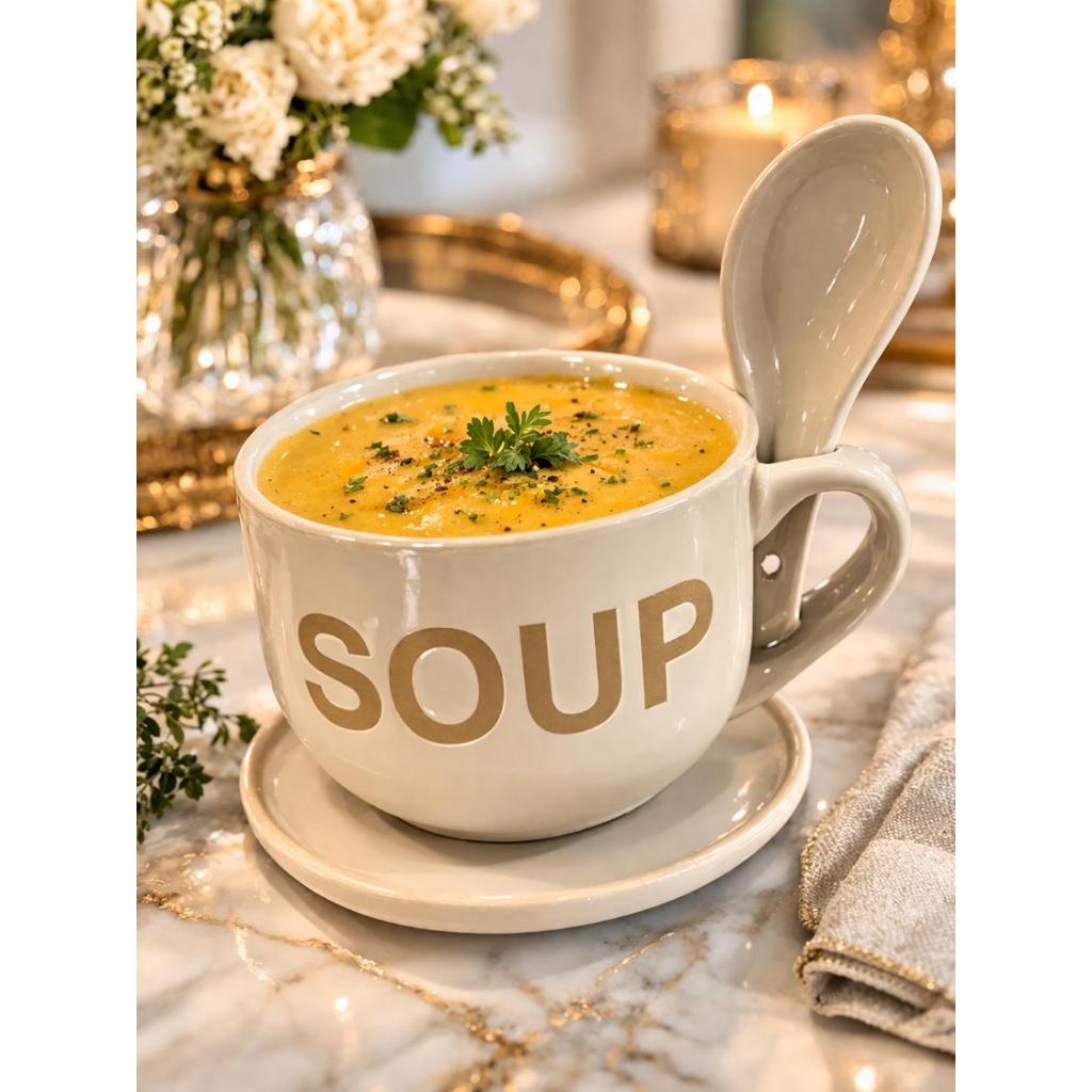 Caneca para Sopa de Cerâmica com Pires + Colher – 470ml