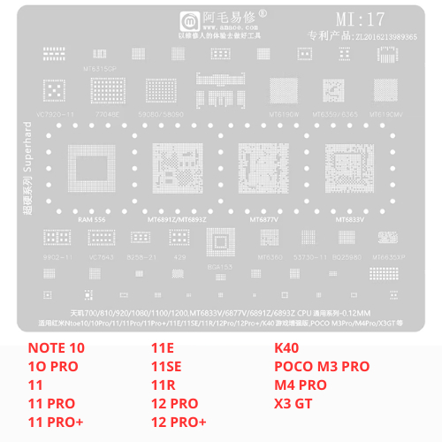 Stencil BGA Xiaomi MI:17 Amaoe 0.12mm Aço Inox Reballing CI Note 10 11 12 Pro K40 Poco M3 M4 X3 GT Original profissional