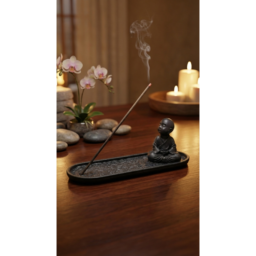 Imagem Suporte para Incenso Decorativo Zen com Estátua Monge – Porta Incenso Elegante Preto Branco Capuccino