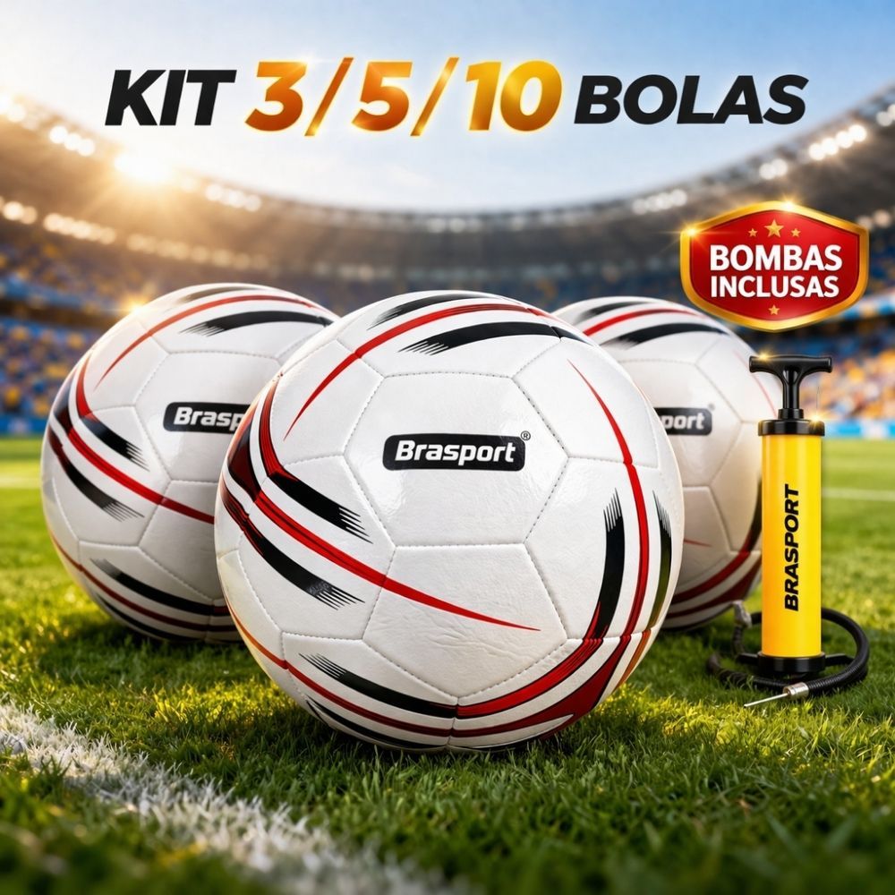 Kit Bola de Futebol Nº5 Oficial Brásport 3 5 ou 10 Unidades + Bomba Alta Resistência LInha Premium em Oferta na Shopee