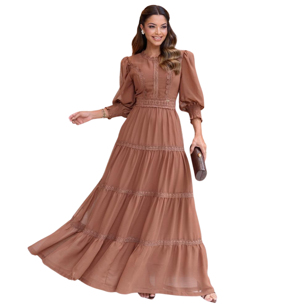 Vestido Feminino Anny Evangélico Longo Manga Longa Frio Babados Renda Madrinha Casamento Festa CN em Oferta na Shopee