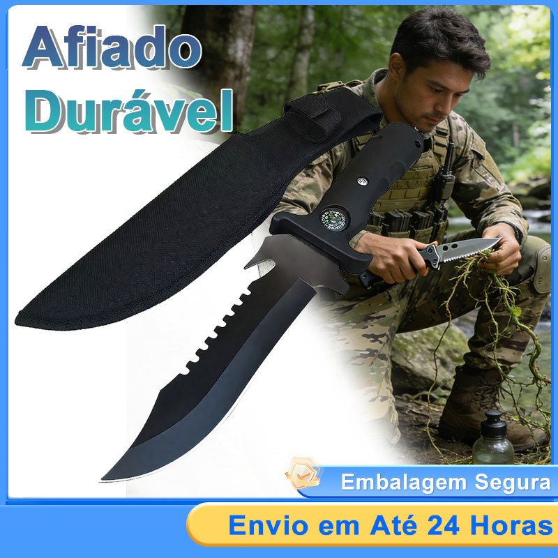 Faca com Cabo Emborrachado Aço Preto para Cozinha Pesca Camping Churrasco Acampamento
