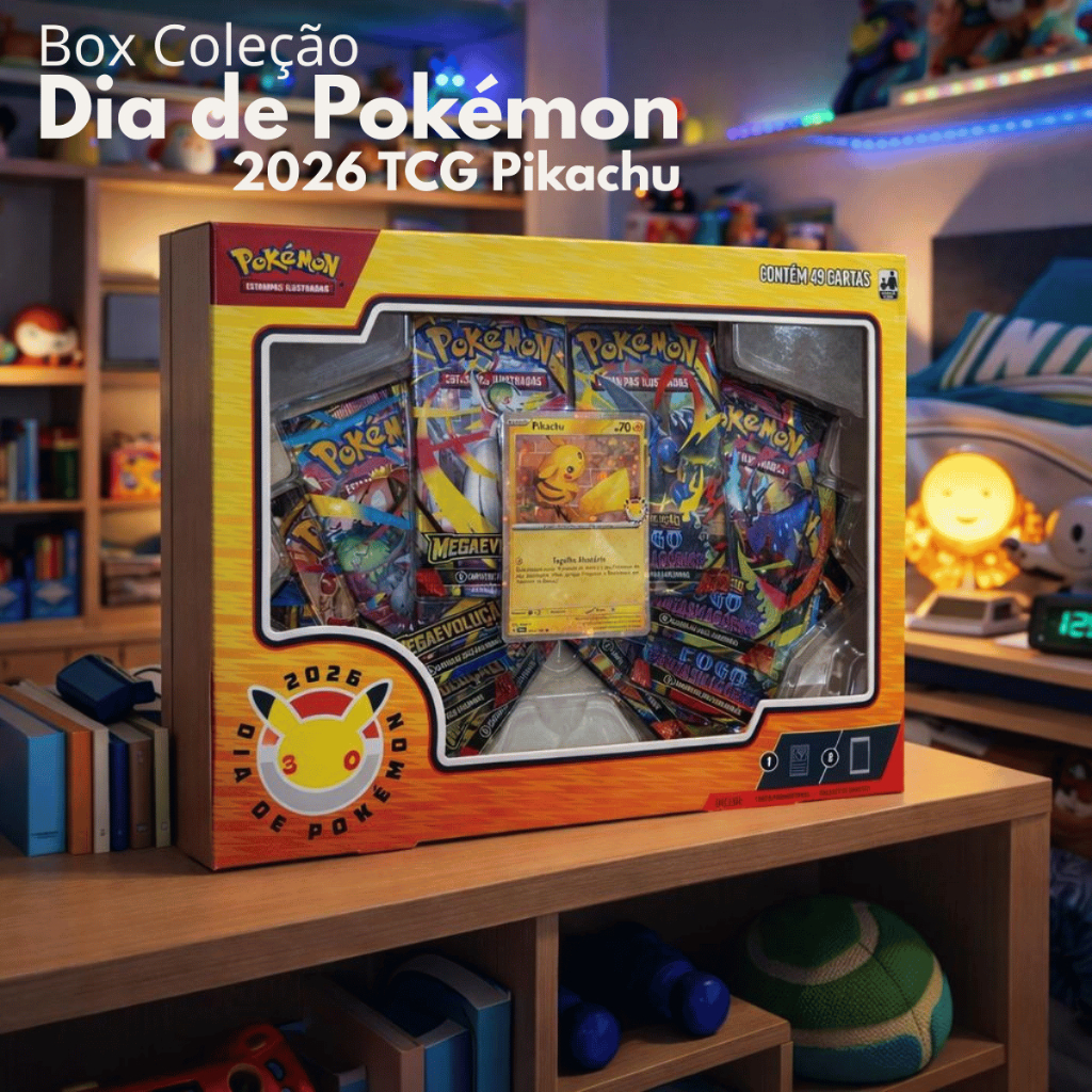 Box Pokémon TCG Coleção Dia de Pokémon 2026 Pikachu: Kit 49 Cartas Raras, Booster e Mew VMAX