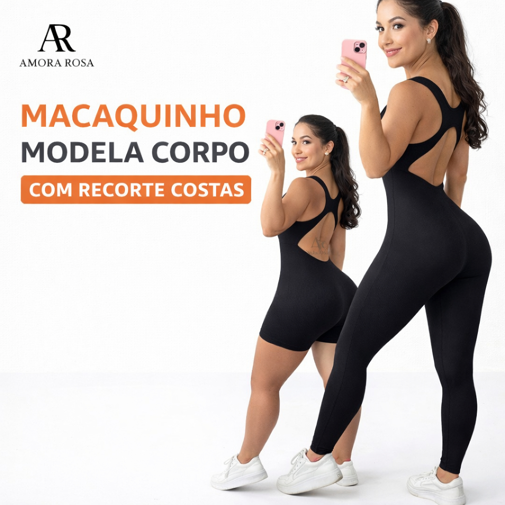 Macaquinho Feminino Fitness Canelado Modelador Sem Costura | Recorte nas Costas | Frete Grátis | Conforto Diario
