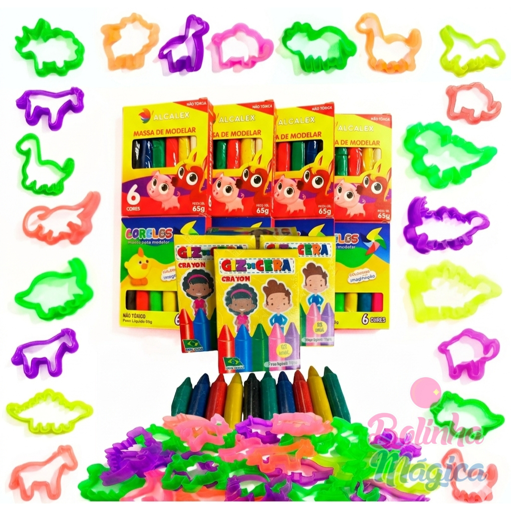 Kit 30 Cx Massinha De Modelar + 30 Mini Giz Cera  + 60 Forminhas Molde Lembrancinha Infantil Criança