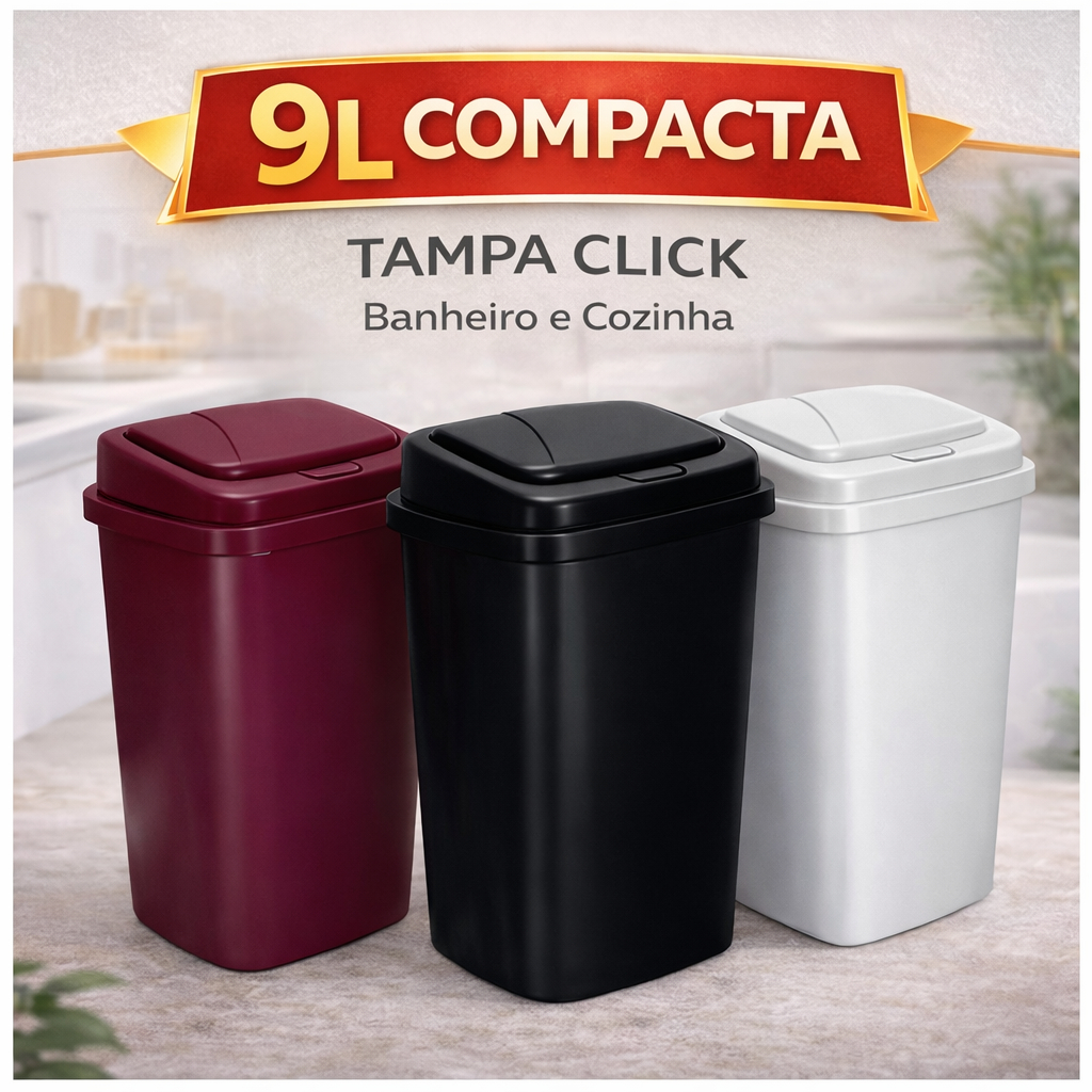 Lixeira 9 Litros com Tampa Click | Lixeira para Banheiro, Cozinha e Escritório Compacta
