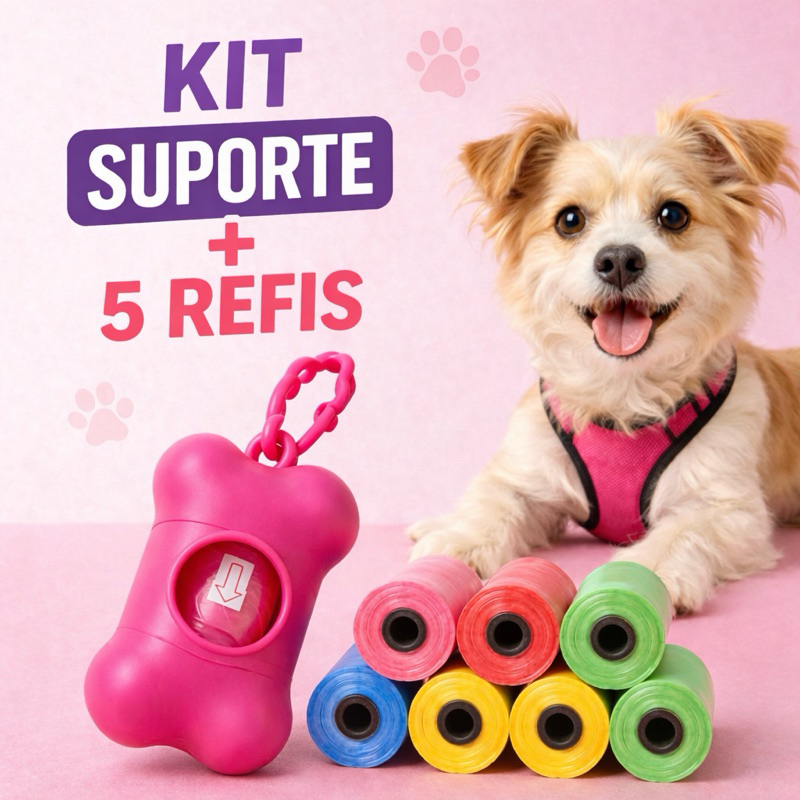 Kit Cata Caca Cachorro com Suporte + 5 Refis (75 Saquinhos) Porta Saquinho Pet Passeio Oferta