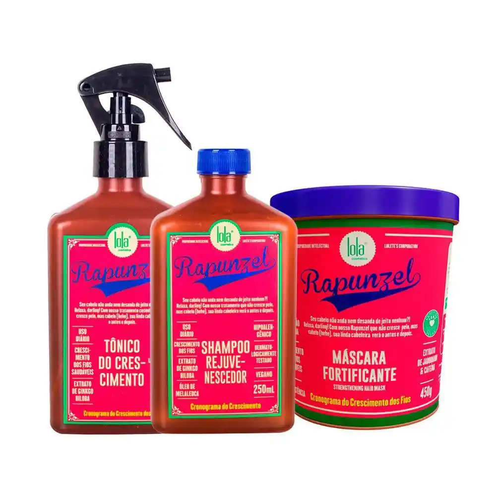 Kit Tudo Rapunzel Lola Cosmetics – Crescimento Antiqueda (Máscara 450g + Shampoo 250ml + Tônico 250ml)