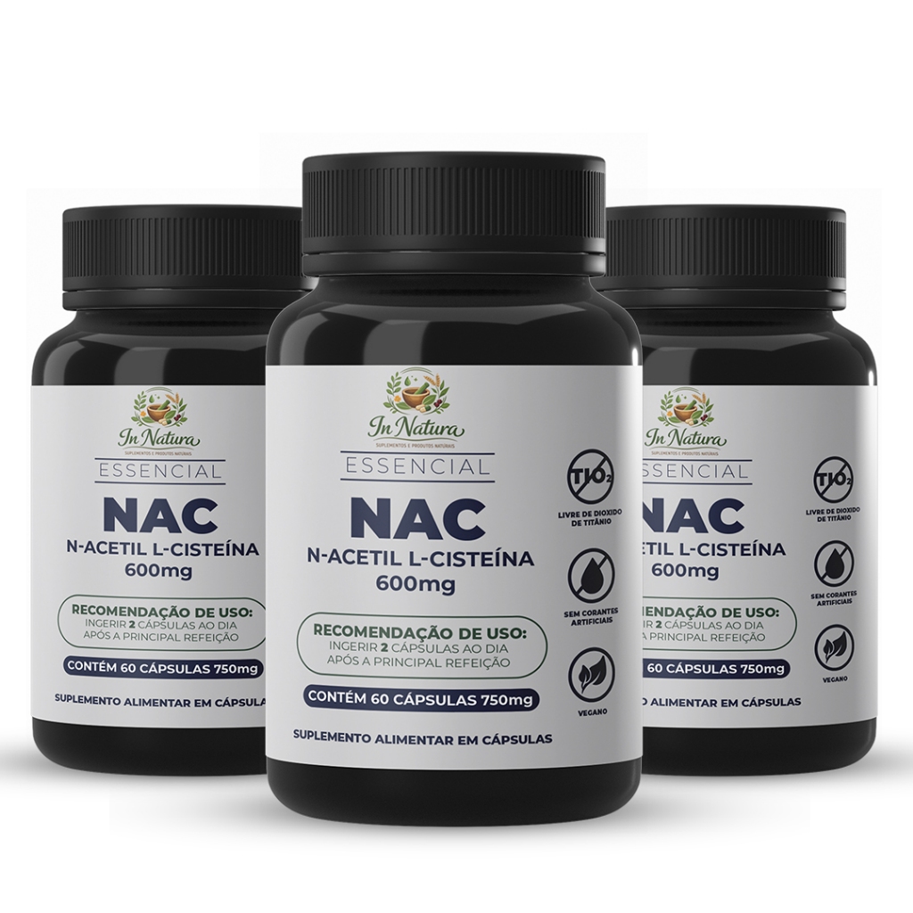 Kit 3 unidades NAC 600mg 180 Cápsulas | Apoio Hepático e Respiratório. Pronta Entrega