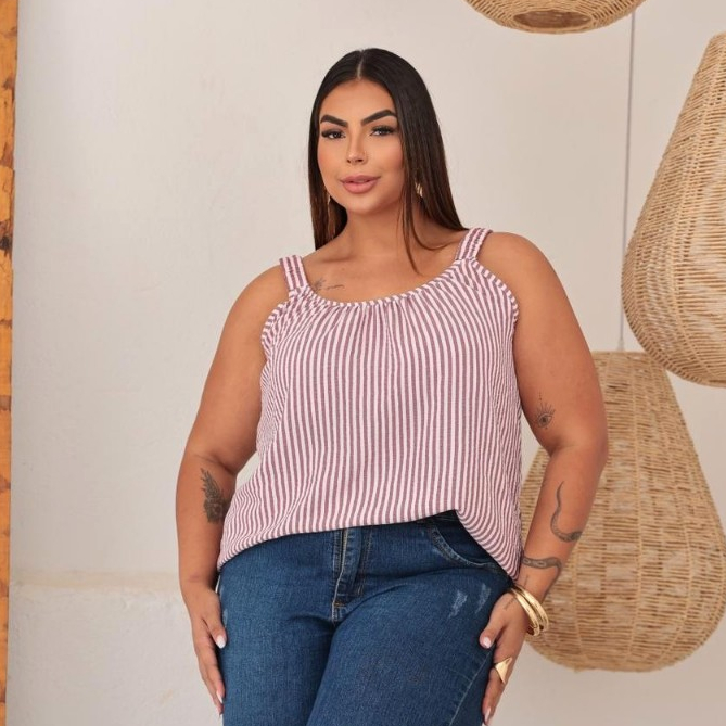 REGATA FEMININA BÁSICA DUNA LISTRADA PLUS SIZE COM FORRO COM ALÇA GROSSA