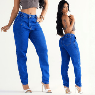 CALÇA MOM JEANS FEMININA 100% ALGODÃO COM PINÇAS BOLSO FACA CINTURA ALTA