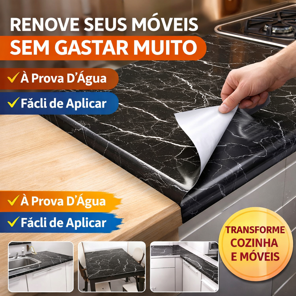 Papel Adesivo Mármore Preto para Móveis e Cozinha – Contact Decorativo Lavável à Prova D’Água Auto Adesivo