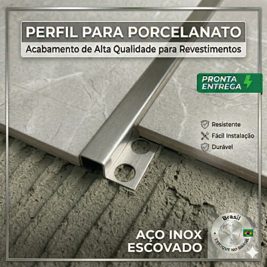 Perfil P Filete Aço Inox Escovado Transição Soleira 1,0 metro Modelo U com base Modelo Quadrado
