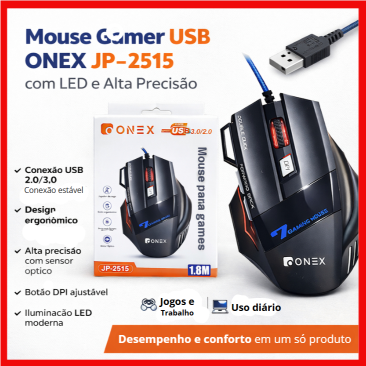 Mouse Gamer HP-2515 USB Com Fio 6000 DPI Óptico LED Ergonômico Alta Precisão Para PC Notebook Jogos