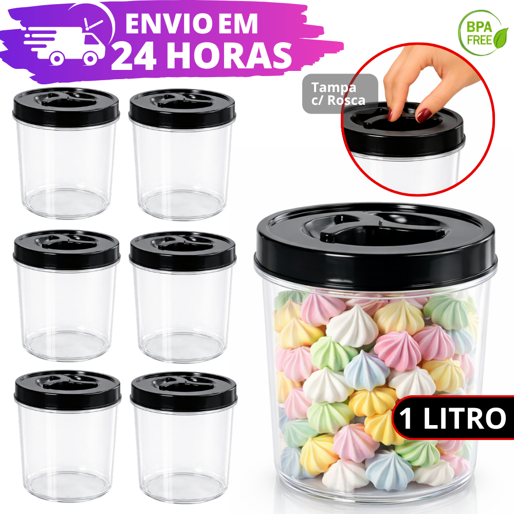 Kit Pote Mantimentos 1 Litro REFORÇADO Tampa Rosca Biscoito Organizadores Alimentos Cozinha Kit 3, 6 ou 9 Unidades