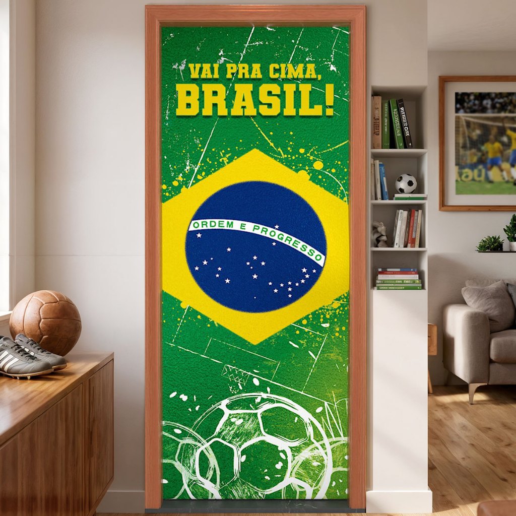 Capa de Porta Futebol Brasil Copa Decorativa Sublimado Em Tecido Veste Fácil 0,8