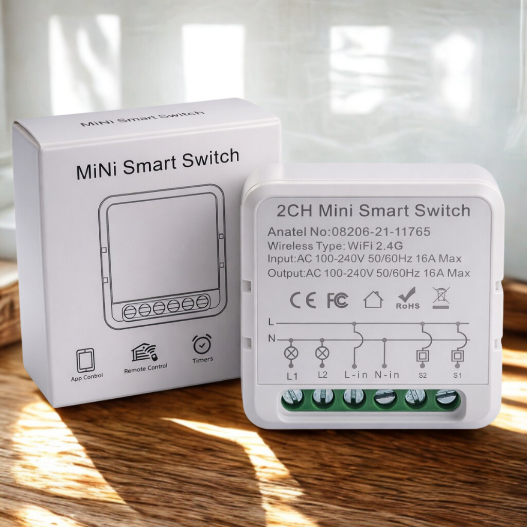 Mini Interruptor Inteligente Wifi 2 Canais 16A Tuya Smart Life Funciona Com Alexa Google Home Automação Residencial B202