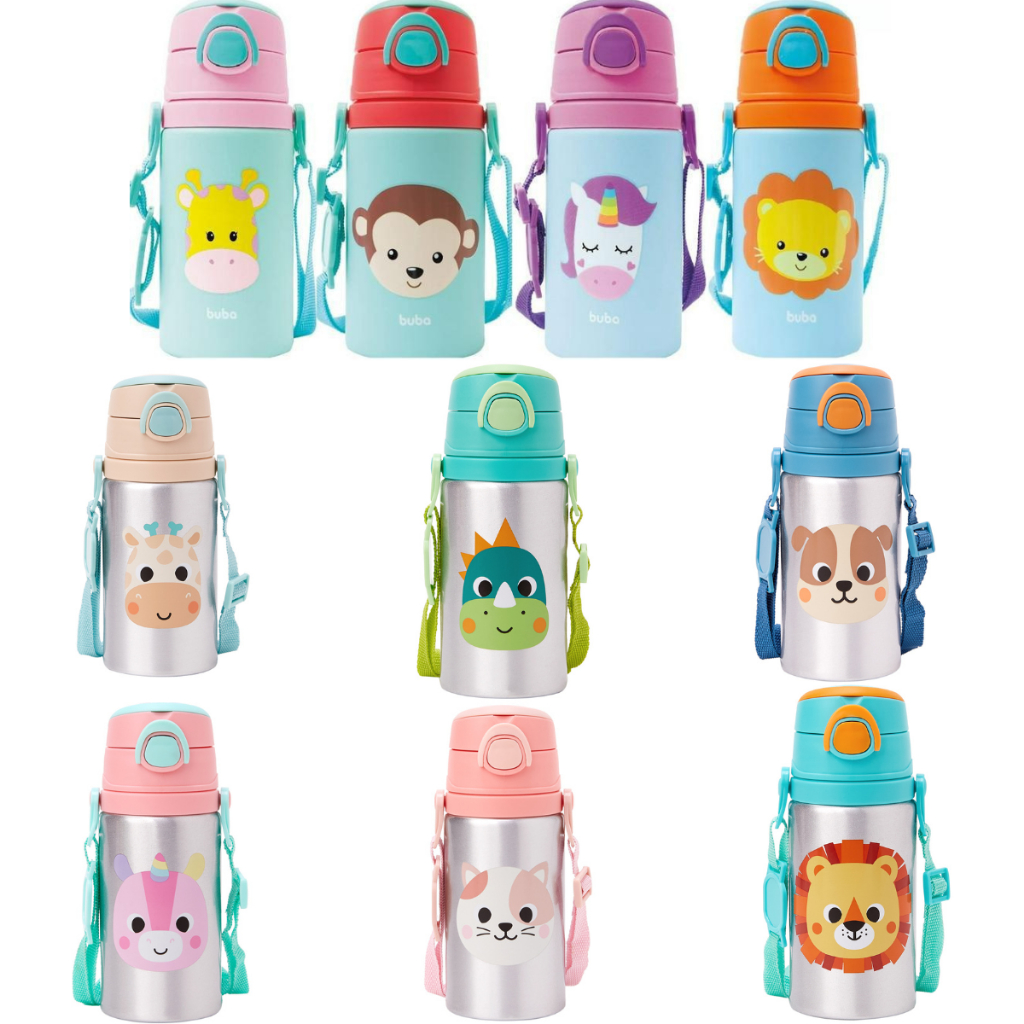 Garrafa Garrafinha De Alumínio Buba Com Canudo em Silicone 450ml Unicórnio, Leão, Dino, Girafa, Gato