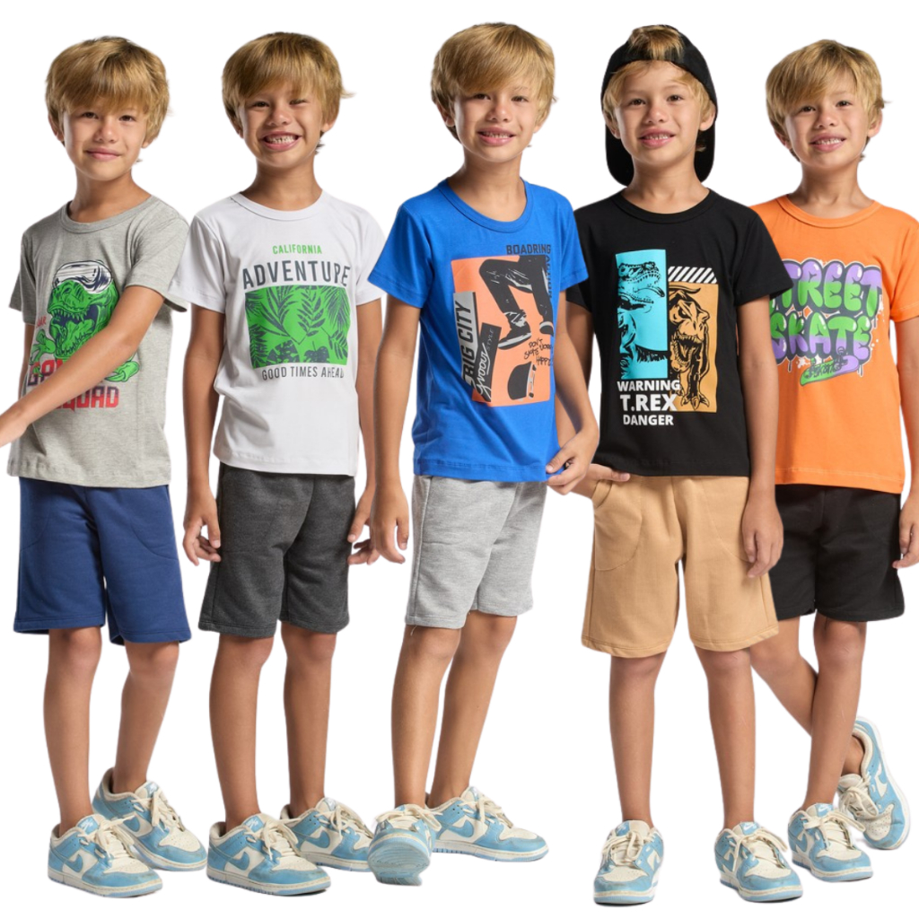 Kit 10 Conjunto Menino Sortido Algodão Infantil Juvenil Verão Masculino Camiseta e Bermuda Shorts