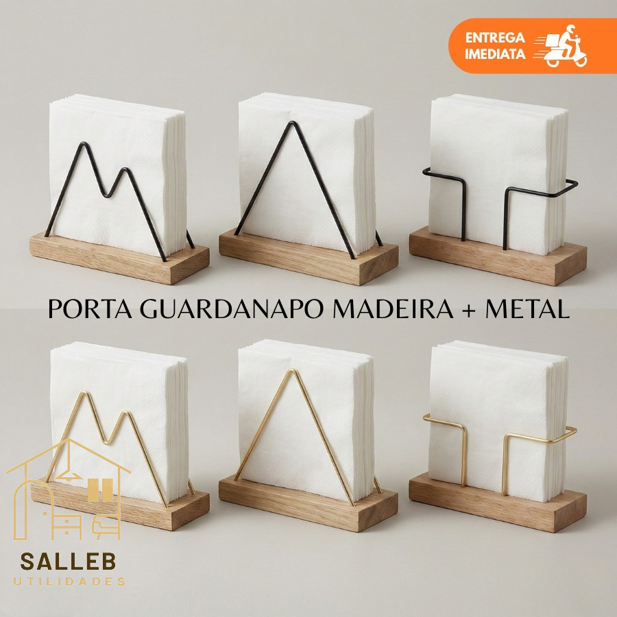 Porta Guardanapo Madeira Aço Dourado Preto Fosco Grande MDF para Mesa Cozinha Suporte