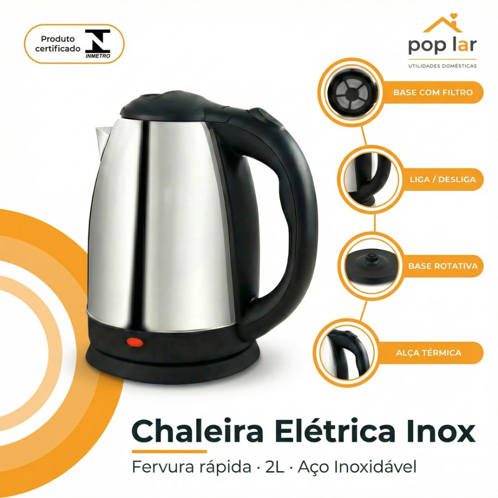 Chaleira Elétrica Inox 2L 110 220V  Fervura Rápida, Desligamento Automático Base 360° em Oferta na Shopee
