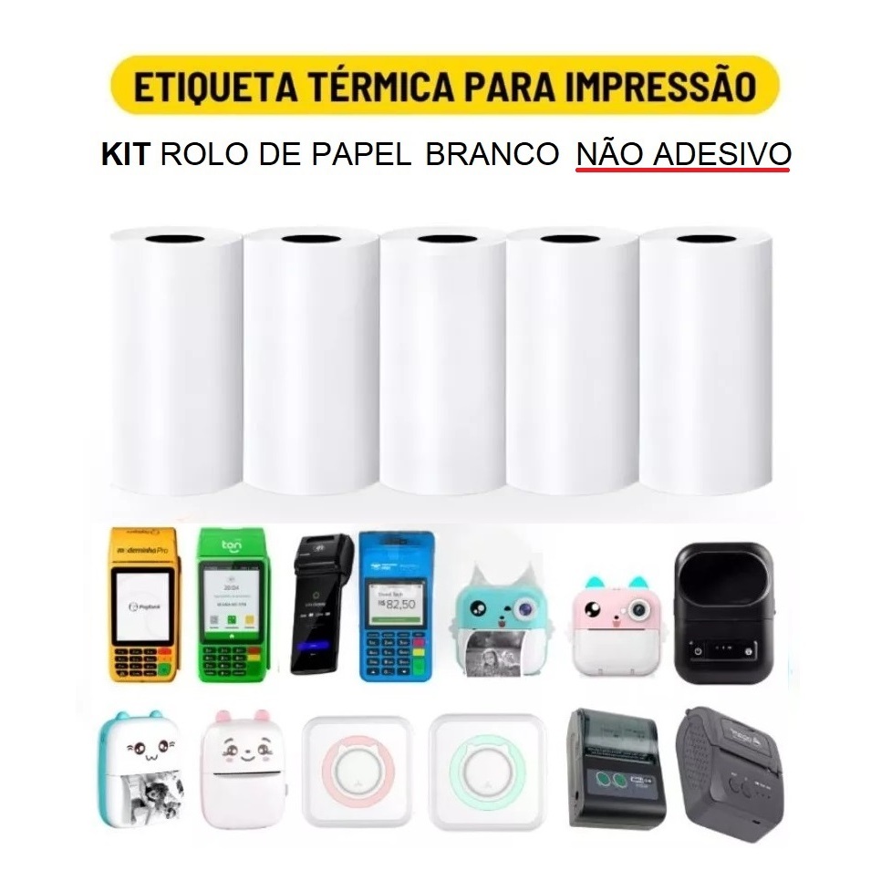 Kit Com 3/5/10/15/20 Bobinas Etiqueta Térmica Não Adesiva 57x30mm com 4 metros Branco Mini Impressora Portátil à Prova