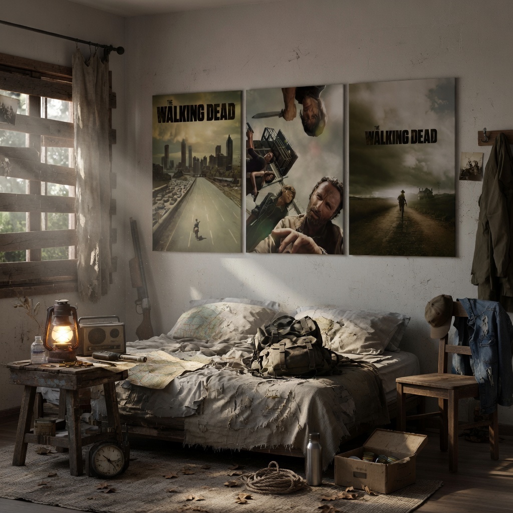 Quadro Decorativo kit 3 peças Série Americana The Walking Dead Capa Esverdeada Para Quarto e Fãs