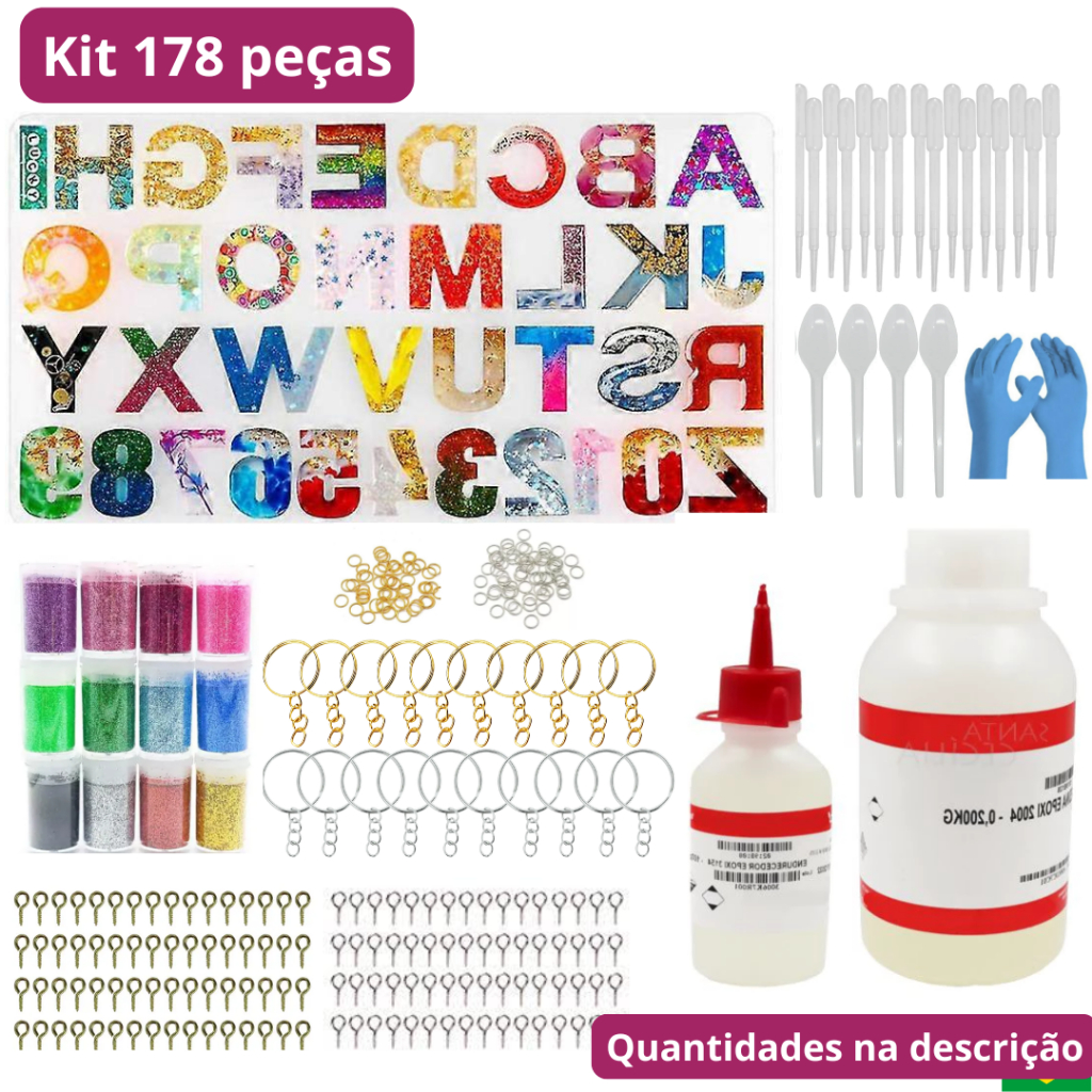 Kit 178 peças iniciante resina epóxi chaveiro faça você mesmo artesanato molde letra glitter diy