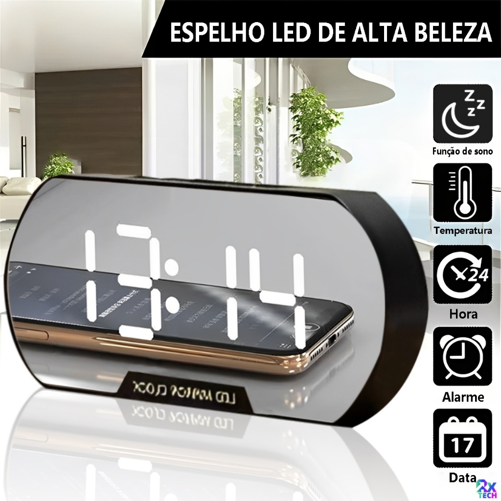 Relógio De Mesa Digital Led Com Espelho Exibe Hora Temperatura E Data Função De Soneca Do Despertador