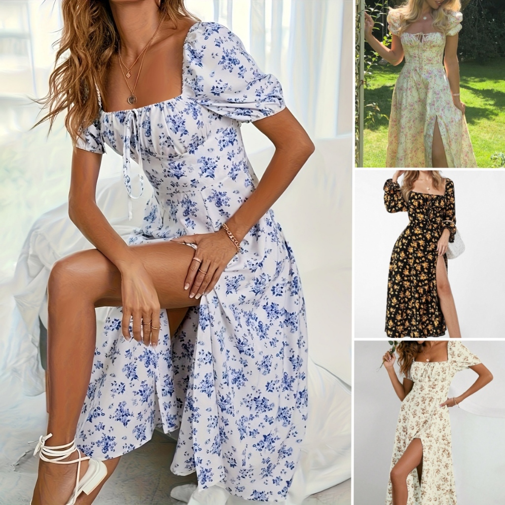 Vestido Elegante Feminino Longo Com A Linha Fenda Ditsy Floral Festa Lateral Vestimenta