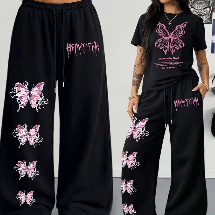 Kit Conjunto Feminino Camiseta Basica e Calça Wide Leg Estampada Streetwear Borboleta Y2K Inseto