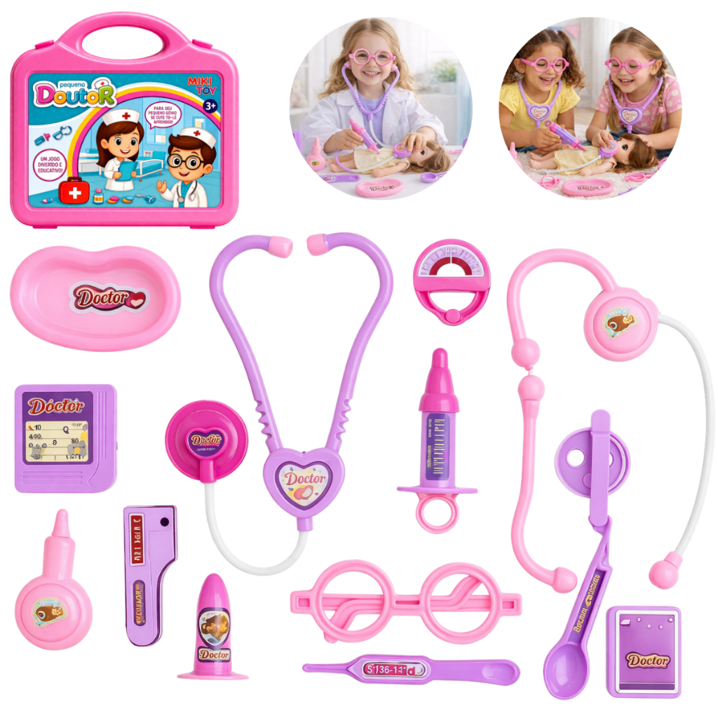 Kit Médico Infantil Rosa Menina Mala Portátil Brinquedo Educativo Completo com Acessórios Doutora